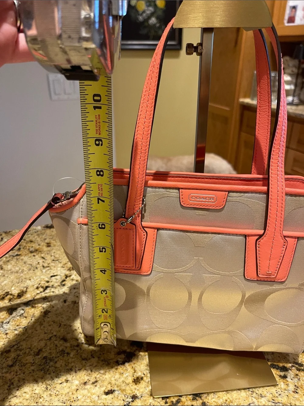Coach Beige Signature Canvas Tote with Coral Trim